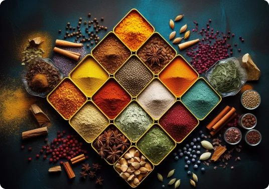 Traditional spice tray with assorted masalas